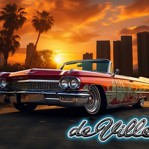 Puede incluir: Un coche rojo convertible vintage con un diseño floral blanco y verde en el lateral. El coche está aparcado frente a un horizonte urbano con una puesta de sol de fondo. El texto "de Ville" está escrito en una fuente estilizada debajo del coche.