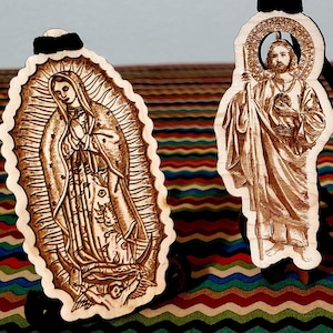 Virgen de Guadalupe Car Air Freshener: Religious Wood Ornament, Reusable Oil Diffuser