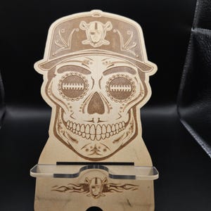 Chicano Style Sugar Skull Phone Stand – Laser Engraved Cap Design, Team Logo Option, Personalized Holder, Acrylic Base