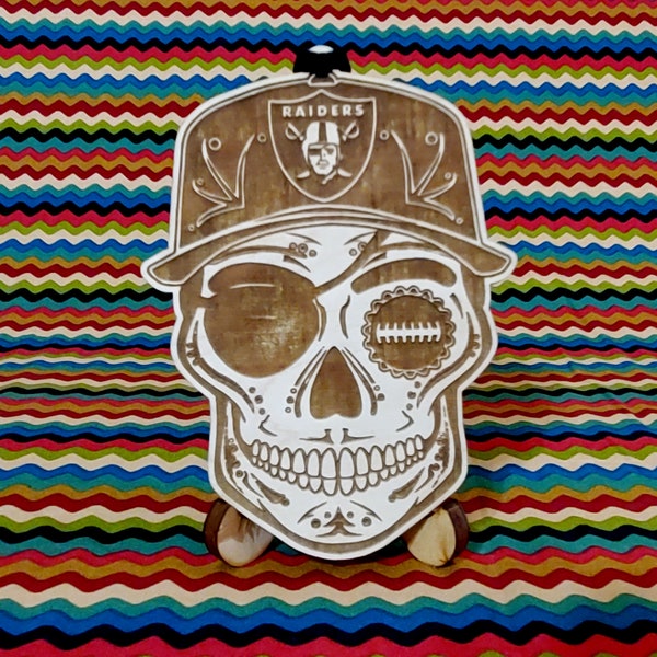 Raiders Sugar Skull Wood Engraved Ornament, NFL Art, Las Vegas Raiders Hanging Decoration