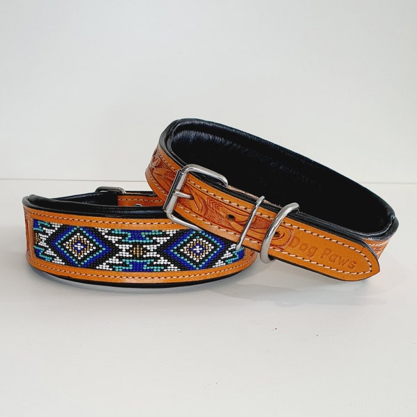 Leather Beaded Dog Collar - Aztec