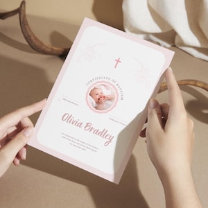 Plantilla de certificado de bautismo personalizado | Certificado de bautizo de niña imprimible | Descargar Canva editable | Recuerdo rosa