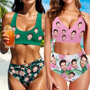 May include: Two women wearing swimsuits with a pattern of a man's face. The swimsuit on the left is green with a floral print and the swimsuit on the right is pink with a floral print.