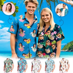 Personalize Men&#39;s Faces Mermaid Hawaiian Shirt, Custom Couples Hawaii Party Shirt, Face Short Sleeve Shirts, Wedding/Valentine/Birthday Gift