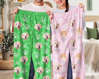 Personalized Pet Face and Name Pajama Pants: Custom Dog, Cat Photo Trousers