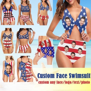 The Stars and the Stripes Face Swimsuit, Personalized Women's Swimsuit Bikini, Custom Face Swimsuit, Custom Face Bathing Suit, Face Sarong