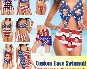 The Stars and the Stripes Face Swimsuit, Personalized Women's Swimsuit Bikini, Custom Face Swimsuit, Custom Face Bathing Suit, Face Sarong