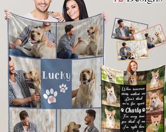May include: A personalized fleece blanket with a collage of photos featuring dogs and people. The blanket has a blue and gray color scheme with paw prints and the text "Lucky" and "Charly". The text on the blanket reads "When tomorrow starts without me Don't think we're far apart Charly For every time you think of me I'm right here in your heart."