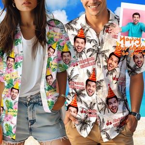 Custom Birthday Hawaii Shirt with Face, Custom Tropical Beach Shirts, Personalized Hawaiian Shirt for Men, Age Name on shirts, Birthday Gift