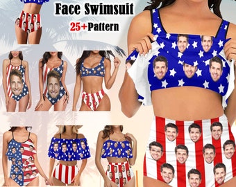 American Flag Face Swimsuit, Personalized Swimsuit for Women, Custom Face Swimsuit Face Bikini, Custom Swimsuit One Piece, Beach Party