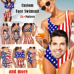 American Flag Custom Face Swimsuit, Personalized One-Piece Bikini afbeelding 1