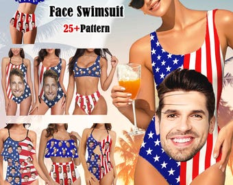 American Flag Custom Face Swimsuit, Personalized One-Piece Bikini