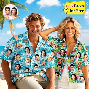 May include: Two blue and white Hawaiian shirts with a tropical print featuring multiple faces of people and dogs. The text "1-15 Faces for Free" is visible in the top right corner of the image.