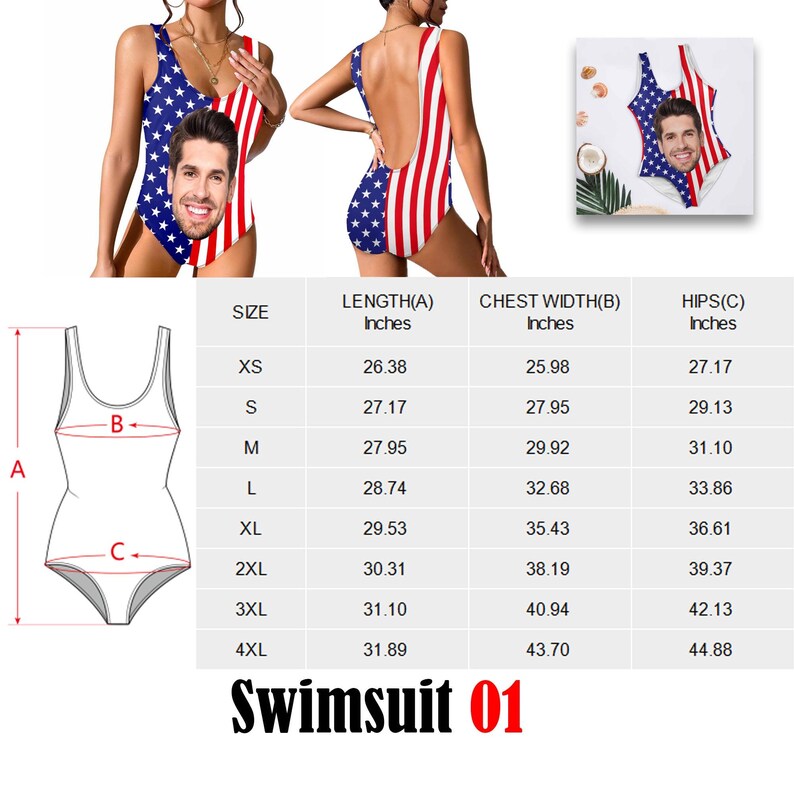 American Flag Custom Face Swimsuit, Personalized One-Piece Bikini Swimsuit01