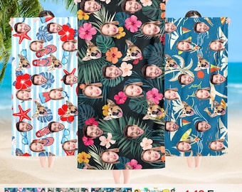 May include: Three beach towels with custom face prints. One towel has a blue and white striped pattern with red starfish and sandals. Another has a black background with tropical flowers. The third has a blue background with a tropical design. The towels have the text "1-10 Faces 20+ Patterns".