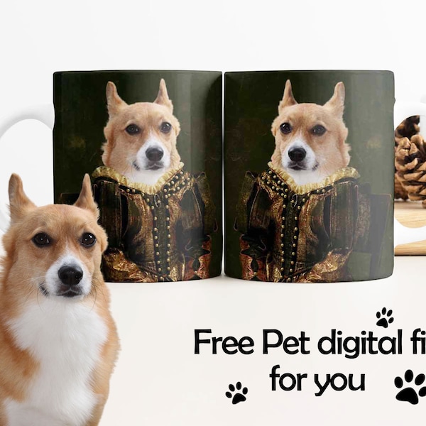 Custom dog Portrait Mug, Custom Pet Mug, Custom Dog face mug, Personalized Regal Pet Portrait mug, Personalized Renaissance Portrait Mug