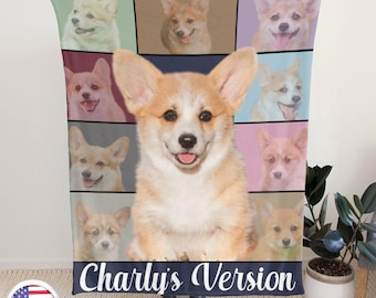 May include: A plush blanket featuring a smiling corgi in the center, surrounded by smaller images of the same dog on a colorful grid. The blanket has the text "Charly's Version" at the bottom.