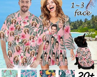 Couple Hawaiian Shirt Dress Dog Shirt with Face, Customized All Over Print Shirt Dress, Personalized Couple Shirt Dress, Bachelor Party