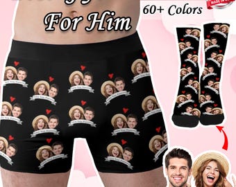 May include: Black boxer shorts with a repeating pattern of couples' faces and the text "Love You Forever". The boxers have a red heart design and are available in 60+ colors.  Fast Shipping. Made in the USA.