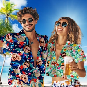 Custom Couples Hawaii Party Shirt with Face, Personalized Tropical Hawaii Shirt with photo, Bachelor Party Shirt, Valentine&#39;s/Birthday Gifts