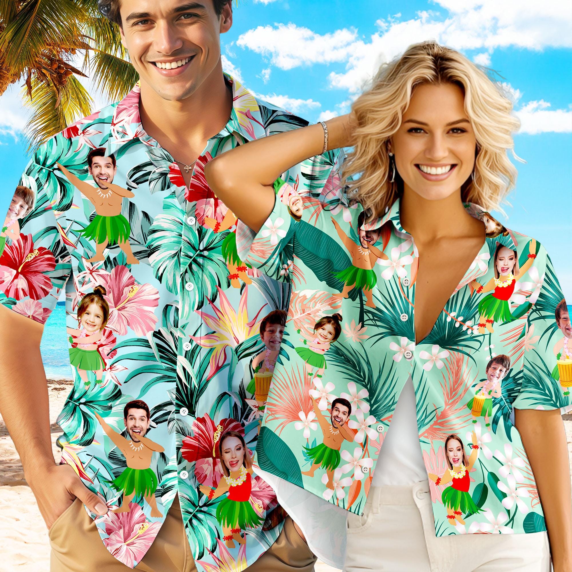 Custom Photo With Hula Girl Tropical Pattern Hawaiian Shirt - Custom