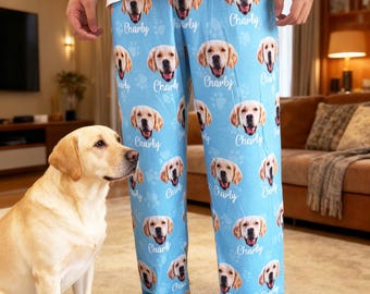 Custom Pet Portrait Pajama Pants with Name: Personalized Face Pyjamas for Men Women