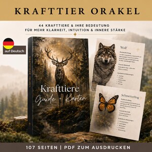 Könnte beinhalten: Ein Buch- und Kartenset mit dem Titel "Krafttier Orakel" mit einer Waldszene mit einem Hirsch. Das Buchcover zeigt den Titel und die Worte "Guide + Karten". Zwei Karten zeigen einen Wolf und einen Schmetterling. Der Text lautet "44 Krafttiere & Ihre Bedeutung."