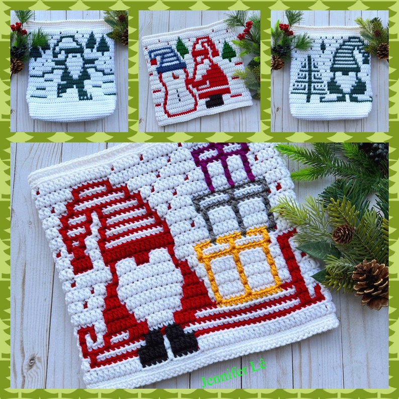 Pu&ograve; includere: Borse natalizie all'uncinetto con disegni bianchi, rossi, verdi e neri. Le borse presentano immagini di pupazzi di neve, Babbo Natale, gnomi e alberi di Natale. Le borse sono decorate con aghi di pino e pigne.