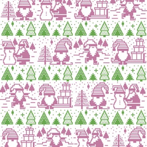 Pu&ograve; includere: Motivo natalizio ripetuto con gnomi, pupazzi di neve e alberi pixelati in tonalit&agrave; verdi e viola su sfondo bianco. Gli gnomi trasportano regali e gli alberi creano un'atmosfera festosa.