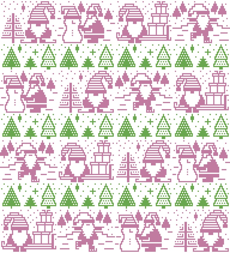 Pu&ograve; includere: Motivo natalizio ripetuto con gnomi, pupazzi di neve e alberi pixelati in tonalit&agrave; verdi e viola su sfondo bianco. Gli gnomi trasportano regali e gli alberi creano un'atmosfera festosa.