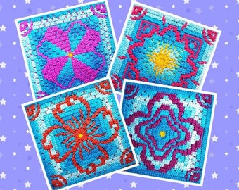 Mosaic Crochet Pattern, Flowers in Bloom, in the round (centre out), 4 designs, PDF files only