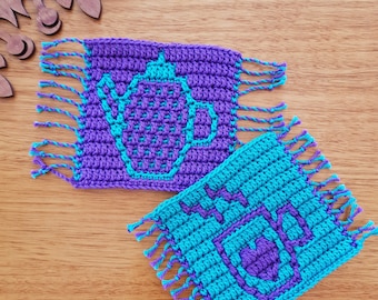 Patrón de tapete de crochet con mosaico para tazas: Posavasos para tetera y café (Patrón PDF)