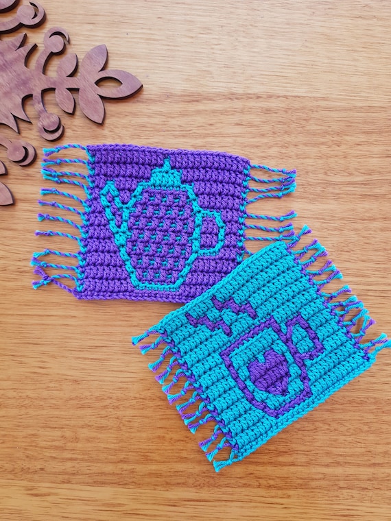 Mosaic Crochet Mug Rug Pattern: Teapot & Coffee Cup Coasters (PDF Pattern)