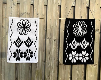 Väggbonad med naiva blommor, virkmönster för mosaik, PDF-fil.