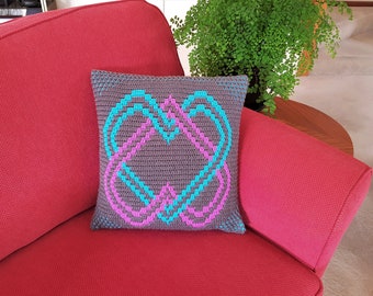 Mosaic Crochet Pillow/Cushion Pattern - Two Hearts, Mosaic Overlay, PDF file.