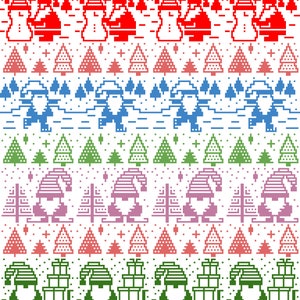Pu&ograve; includere: Un motivo natalizio pixelato con file ripetute di disegni festivi. Il motivo include pupazzi di neve rossi, alberi di Natale rossi, Babbi Natale blu, alberi di Natale verdi, gnomi viola, alberi di Natale rossi e Babbi Natale verdi con regali, il tutto su sfondo bianco.
