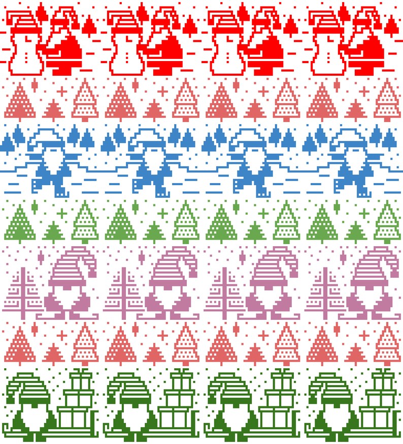 Pu&ograve; includere: Un motivo natalizio pixelato con file ripetute di disegni festivi. Il motivo include pupazzi di neve rossi, alberi di Natale rossi, Babbi Natale blu, alberi di Natale verdi, gnomi viola, alberi di Natale rossi e Babbi Natale verdi con regali, il tutto su sfondo bianco.