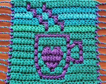 Patrón de alfombra de crochet para taza de café con superposición de mosaico