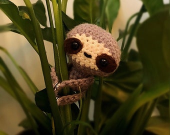 Crochet sloth plant buddy grey