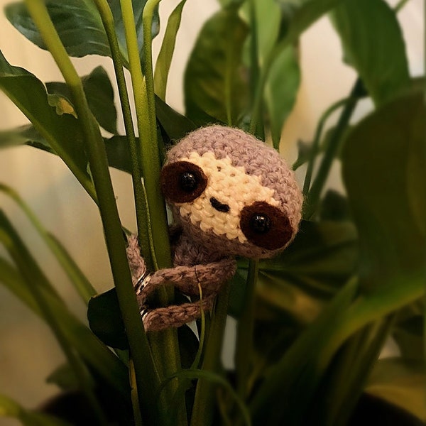 Crochet sloth plant buddy grey