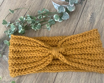 Handmade crochet mustard headband bow