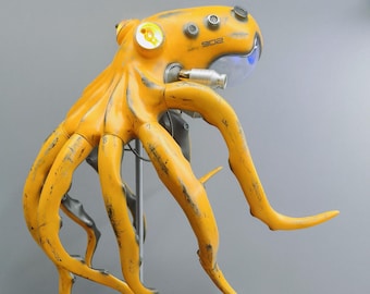 Mechanische octopussculptuur, unieke 3D robot wezen dieren, handgemaakt model, tafeldecoratie kunst, steampunkkunst, nautische kunst