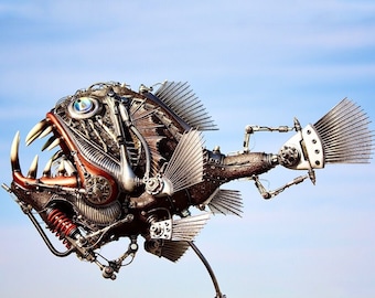Puede incluir: Una escultura de metal de un pez con una boca grande y dientes afilados. El pez está hecho de varias partes metálicas, incluyendo engranajes, tuberías y cables. La escultura está pintada en tonos de marrón, plata y negro.
