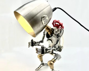 Steampunk Robot with a Bulb Head Table Desk Lamp Metal Model Light Mechanical Home Decor Robot Sculpture Aesthetic Art Unique Lighting Gifts