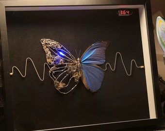 May include: A framed artwork featuring a blue morpho butterfly with a metallic, steampunk-inspired design. The butterfly is mounted on a black background with a wire wave pattern. The frame has a black finish and a digital display showing the number "3.64".