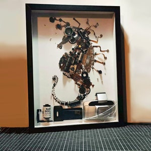 Op de afbeelding: Een ingelijst kunstwerk met een zeepaardje gemaakt van gerecyclede cameraonderdelen, waaronder een lens, printplaten en filmrolletjes. Het kunstwerk is geplaatst tegen een witte achtergrond en bevat de tekst "Kodak 800".