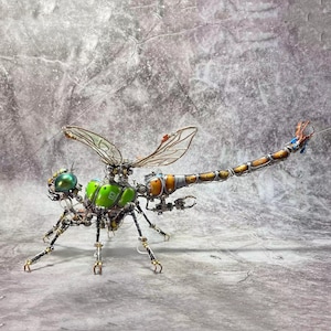 Può includere: Una scultura di libellula in stile steampunk realizzata in metallo e dipinta in tonalità di verde, marrone e oro. La libellula presenta dettagli intricati e una lunga coda segmentata.