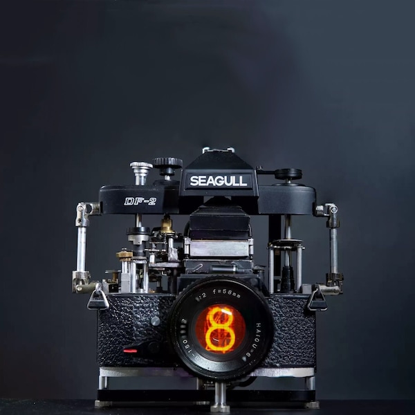 Cyberpunk Nixie Tube Clock Integrated In A Disassembled Mechanical Camera with A Demountable Lens Art Decor Gift for Photographer Photophile