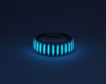 Herren Glow Ring Glow Phiolen, Silberband mit schwarzer vulkanisierter Oberfläche, elektronische Komponenten im Inneren, Cyberpunk futuristischer Ringschmuck