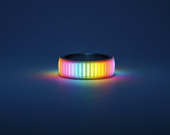Men's Glow Ring In Rainbow Color, Black Silver Band with Full Circle Vials , Electronic Components Built Inside, Cyberpunk Futuristic Ring